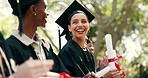 Woman, students and applause at campus at graduation, speech and celebration of degree completion. People, cheering and graduate outdoor with regalia, university recognition and educational milestone