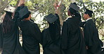 Back, students and throwing diploma at graduation, farewell and celebration of degree completion. People, tradition and graduate outdoor with regalia, university recognition and education milestone