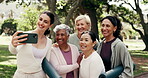 Happy, coach and yoga class outdoor with selfie, post exercise memory or social media upload. Mature women, yogi instructor and cool down photo for community fitness, profile picture and workout mat