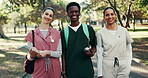 Nurse, face and group with smile, outdoor and confident for career opportunity and health services. Medical student, portrait and people with books, happiness and healthcare on university campus