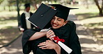 Diploma, friends and happy with hug for graduation pride, collective success and degree completion. Excited, girls and embrace with certificate for campus ceremony, celebration and graduate support