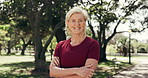 Fitness, smile and old woman at park with confidence for wellness, health habit or self care. Ready runner, happy person and arms crossed outdoor for exercise lifestyle, active retirement and face