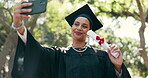 Diploma, girl and smile with selfie for graduation memory, share news online or degree completion. Certificate, happy graduate or photo on campus for academic success, social media post and bachelors