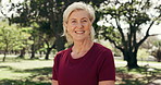 Fitness, face and senior woman at park with smile for wellness, health benefits or self care. Ready runner, happy  female person and outdoor for exercise lifestyle, active retirement and longevity