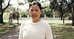 Fitness, face and mature woman at park with smile for active wellness, health benefits or self care. Ready runner, happy Asian person and outdoor for exercise lifestyle, laughing and longevity