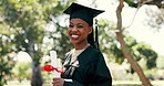 Face, black woman and student with degree at graduation, farewell and celebration for learning. Portrait, person and graduate outdoor with regalia, university recognition and educational milestone 