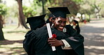 Diploma, friends and handshake with hug for graduation event, shared success and degree completion. Happy, men and embrace with scroll for masters qualification, congrats or graduate ceremony outdoor