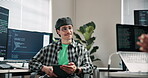 Programmer, man and tablet in office for advice, technical guidance and feedback loop for bug trace. Team, happy developer and tech screen for pull request, code review and coworking on system design