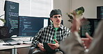 Programming, man or tablet in office for advice, coding solution or share knowledge in debugging. Coworking team, software developer or tech screen for pull request, listen or automated test feedback