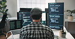 Man, screen and computer in office for programming, coding and update firewall for cybersecurity. Back, programmer and reading in workplace with tech, debugging script and testing for data protection