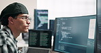 Man, programmer and computer screen in office with code, programming and script for cybersecurity. Person, coworking or coding in workplace with pc, debugging firewall and testing for data protection