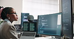 Woman, screen and computer in office for programming, coding and update firewall for cybersecurity. Person, coworking and review in workplace with tech, debugging code and testing for data protection