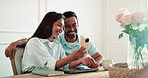 Happy, couple and video call in house with phone, online communication or story for bonding together. People, dating and smile in house with tech, discussion and internet network for virtual meeting.