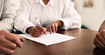 Senior, couple and hands sign paperwork in meeting with approval, last will and testament agreement. Pensioner, married people and signature on document for retirement planning, trust or inheritance.