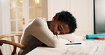 Tired, kid and sleep in home with homework fatigue, leaning challenge or overwhelmed by school task. Exhausted, boy child and nap in house with difficult project, education or burnout from assignment