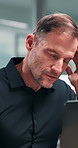 Burnout, headache and laptop with business man in office for delay, mistake or problem solving. Frustration, stress and thinking with employee person working on computer for deadline pressure