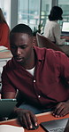 Tablet, man and talking in office with meeting feedback, creative proposal or brand marketing. Laptop, planning or team in startup to review campaign design, brainstorming ideas or project management
