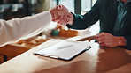 Real estate, handshake or contract signature for home investment, property purchase and giving keys. People, document and shaking hands with realtor for new house mortgage, lease agreement or deal