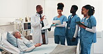 Doctor, feedback and medical students with woman patient in hospital for coaching or internship. Conversation, documents and healthcare professional teaching internship team for education or training