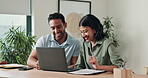 Documents, laughing and laptop with happy couple in home together for budget, finance or investment. Computer, funny and paperwork with people in apartment for financial or wealth management