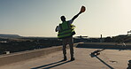 Back, celebration and complete with construction worker outdoor for civil engineering success. Building, done and shadow with excited property developer on rooftop for project management goals