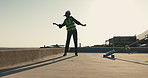 Construction site, woman or engineer dance with happiness on roof, development progress or milestone. Building, excited person and celebration outdoor for project success, inspection pass or space