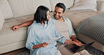 Financial planning, research and happy couple with laptop in home, online or investment on website. Asset management, inf and people with documents, laughing and budget review with tech in house