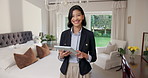 Woman, face and realtor in home with tablet, viewing schedule and happy for sale opportunity. Real estate agent, tech and smile in bedroom for about us, residential property and virtual tour update