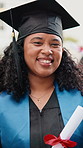 Graduation, face and woman on campus with degree, college pride and optimism in academic achievement. Education, happy and university student with laugh, confidence and success in diploma ceremony.