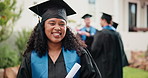 Face, woman and student at campus for graduation, ceremony and diploma for degree completion. Portrait, female person and graduate outdoor with certificate, accolade award and learning accomplishment