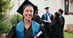 Face, happy and student at campus for graduation, ceremony and diploma for degree completion. Portrait, woman and graduate outdoor with college certificate, accolade award and learning accomplishment