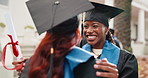 University, graduate and happy women hug at ceremony, laughing and friends with academic milestone. College, education and people with smile for graduation, embrace and celebration for achievement