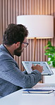 Business, man and graph in meeting with tablet screen, data analysis and finance report for profit. People, collaboration and tech in office with stats, kpi results and pie chart for financial growth