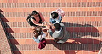 Above, hands together and collaboration in synergy or huddle for university education or study. Group of people, connection and teamwork with students for community, motivation and celebration