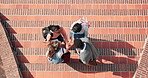 Above, hands together and motivation in synergy or huddle for university education or study. Group of people, connection and collaboration with students for community, teamwork and celebration