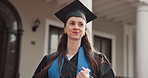 Thinking, girl and diploma on campus for graduation, growth mindset or proud reflection of success. Happy person, graduate and future vision outdoor for transition, certificate achievement and relief
