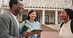Student, friends and laugh at college with conversation, higher education or bonding with funny joke. Happy, people and talk outdoor at university campus with tablet, learning or humor for academics.