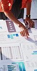 Hands, woman and charts in meeting with documents, data analysis and finance report for profit. People, collaboration and review in office with statistics, kpi results and graphs for financial growth