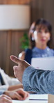 Business, manager and hands in office with meeting, forecast and growth plan in budget review. Man, team or finance director with feedback, profit outlook or revenue projection in strategy discussion