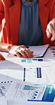 Hands, paperwork and business people in office with data analysis, review and plan to increase sales. Team, discussion and meeting with documents for company performance, revenue stats and graphs.