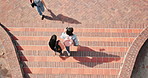 Above, college and students greeting on campus or school for bonding, acceptance or friends. Wave, gen z people and walking with support, education and ready to start day at university for welcome
