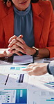 Hands, document and business people in office with data analysis, review or plan to increase revenue. Team, discussion and meeting with paperwork for company performance, sales stats and graphs.