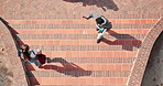 Above, university and students greeting on campus or school for bonding, acceptance or friends. Wave, gen z people and walking with support, education and ready to start day at college for welcome