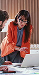 Business, woman and team in meeting with laptop, research and finance report for sales revenue. People, collaboration or pc in office with stats, company results and data analysis for financial audit