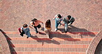 Above, college and students on campus for welcome, bonding and school acceptance or friends. Wave, gen z people and walking with support, education and ready to start day at university for greeting
