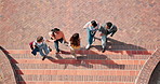 Above, university and students on campus for welcome, bonding and school acceptance or friends. Wave, gen z people and walking with support, education and ready to start day at college for greeting