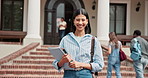 Face, woman and laugh at college with books, opportunity or positive attitude for higher education. Happy, person or student outdoor at university campus for learning, scholarship or knowledge growth