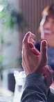 Woman, hands and meeting with applause for business success, winning or team celebration in office. Happy, female person or employees clapping with smile for achievement, good job or well done