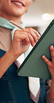 Hands, businesswoman and pen with tablet for signature, client approval or booking confirmation. Tech, happy event planner or stylus in office for vendor agreement, contract or sign for service scope