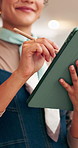 Hands, businesswoman and pen with tablet for sign, client approval or booking confirmation. Tech, happy event planner or stylus in office for vendor agreement, contract or signature for service scope